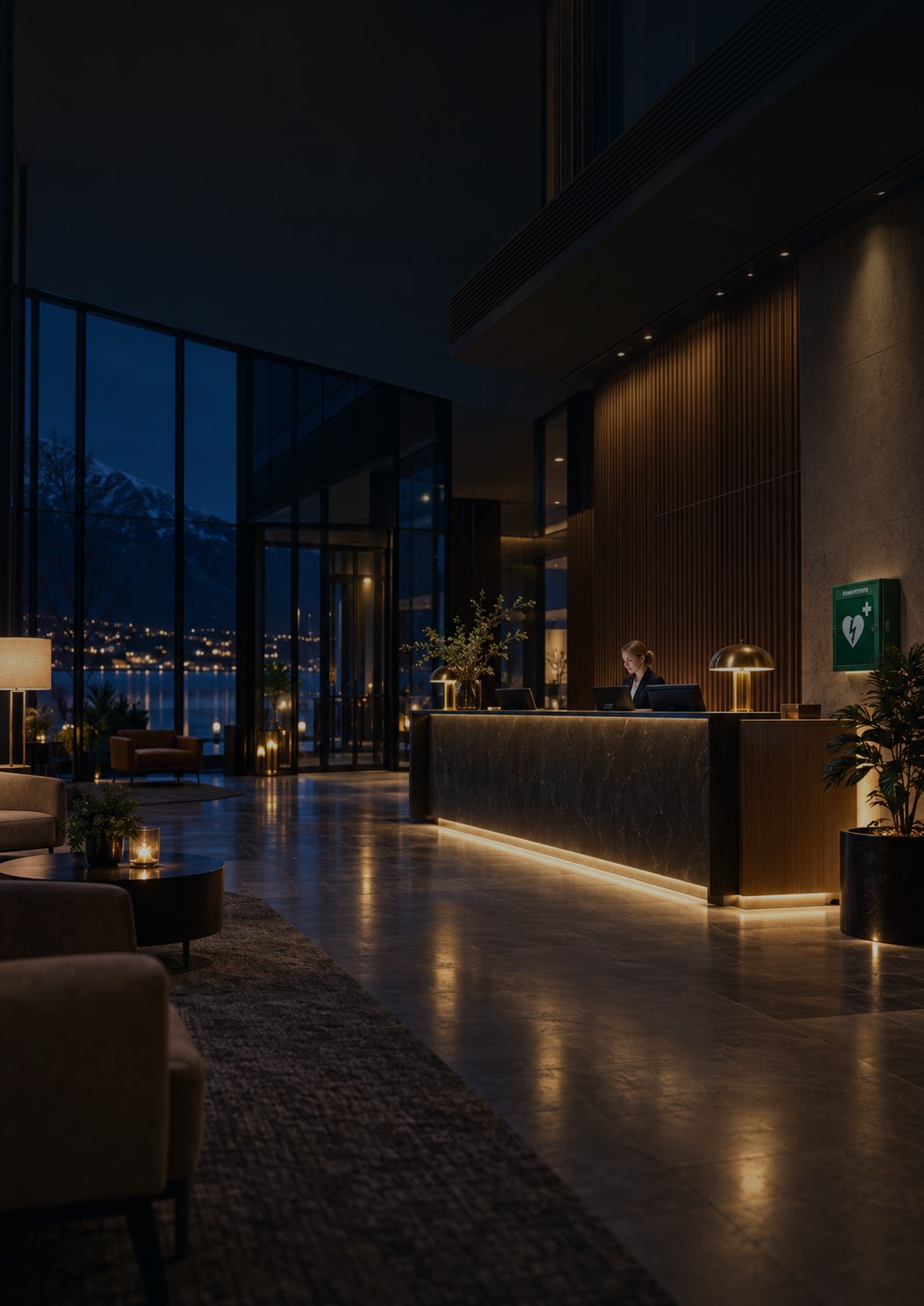 Hotellresepsjon om kvelden med hjertestarter på veggen
